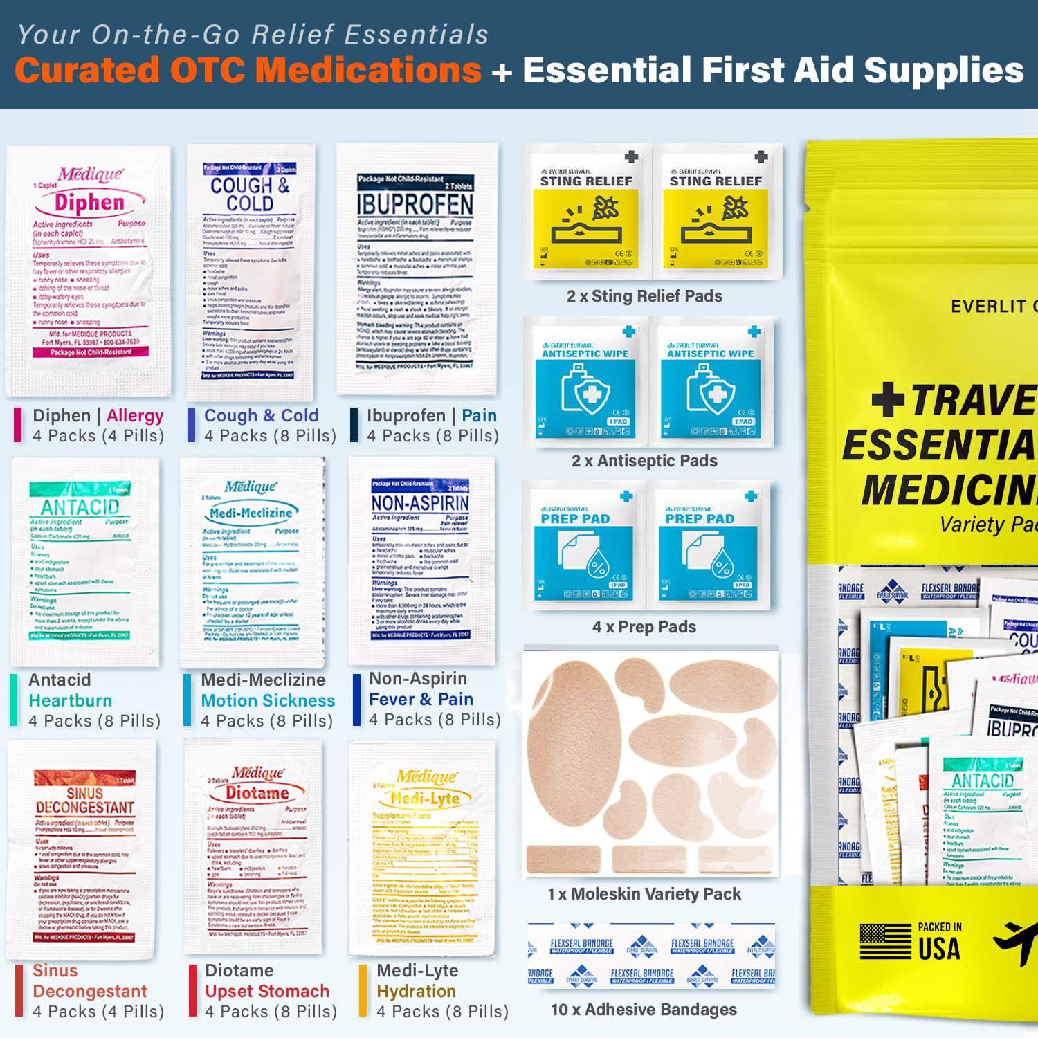 EVERLIT CARE Travel Essential Medicine First Aid Kit I Bonus Medical Supplies I TSA Compliant Mini Size Medkit for Traveling Camping Trips Individually Packed 64 Tablets (Refill Pack) - dailyvitalstore