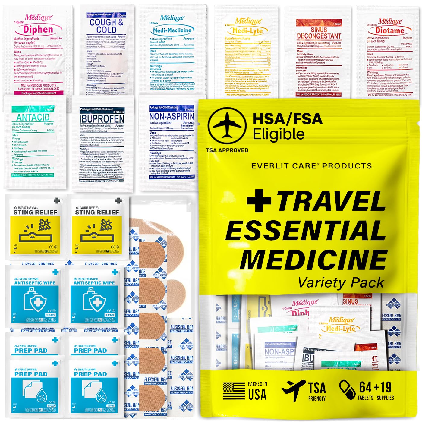 EVERLIT CARE Travel Essential Medicine First Aid Kit I Bonus Medical Supplies I TSA Compliant Mini Size Medkit for Traveling Camping Trips Individually Packed 64 Tablets (Refill Pack) - dailyvitalstore