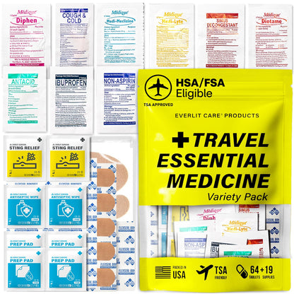 EVERLIT CARE Travel Essential Medicine First Aid Kit I Bonus Medical Supplies I TSA Compliant Mini Size Medkit for Traveling Camping Trips Individually Packed 64 Tablets (Refill Pack) - dailyvitalstore