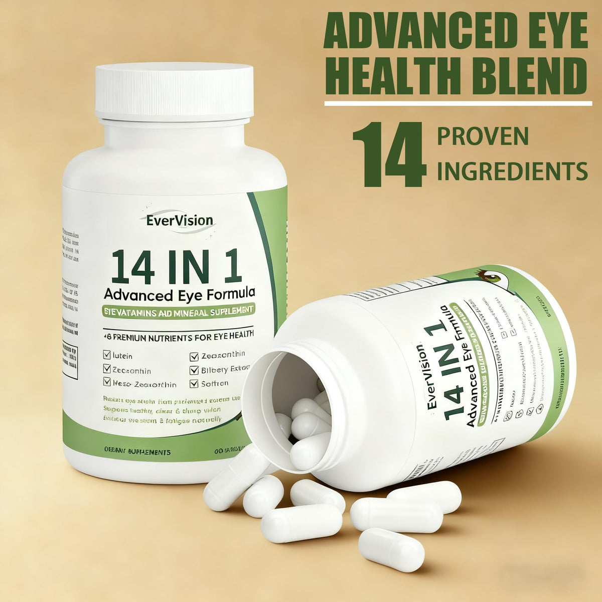 EVERVISION 14 in 1 Advanced Eye Formula, Eye Vitamin and Mineral Supplement with Zinc, Lutein, Zeaxanthin & Bilberry Extract, 60ct - dailyvitalstore
