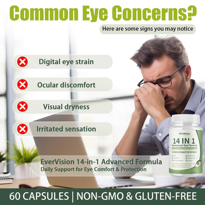 EVERVISION 14 in 1 Advanced Eye Formula, Eye Vitamin and Mineral Supplement with Zinc, Lutein, Zeaxanthin & Bilberry Extract, 60ct - dailyvitalstore