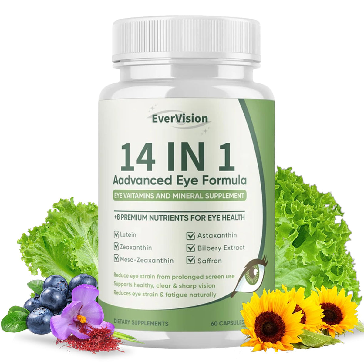 EVERVISION 14 in 1 Advanced Eye Formula, Eye Vitamin and Mineral Supplement with Zinc, Lutein, Zeaxanthin & Bilberry Extract, 60ct - dailyvitalstore