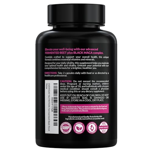 EVERYDAY NUTRITION Organic Fermented Beet Root & Black Maca Capsules with Carrot, Spinach, Cranberry & Ginger | Superfood for Energy, Stamina & Wellness | 90 Veggie Capsules | Made in USA - dailyvitalstore