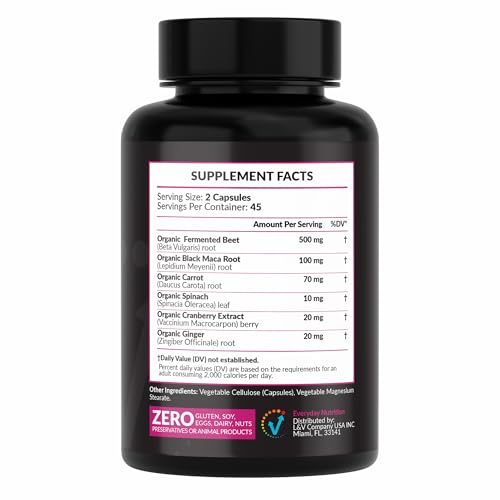 EVERYDAY NUTRITION Organic Fermented Beet Root & Black Maca Capsules with Carrot, Spinach, Cranberry & Ginger | Superfood for Energy, Stamina & Wellness | 90 Veggie Capsules | Made in USA - dailyvitalstore