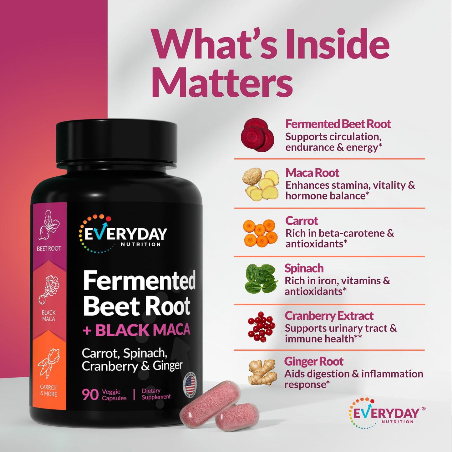 EVERYDAY NUTRITION Organic Fermented Beet Root & Black Maca Capsules with Carrot, Spinach, Cranberry & Ginger | Superfood for Energy, Stamina & Wellness | 90 Veggie Capsules | Made in USA - dailyvitalstore