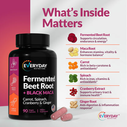 EVERYDAY NUTRITION Organic Fermented Beet Root & Black Maca Capsules with Carrot, Spinach, Cranberry & Ginger | Superfood for Energy, Stamina & Wellness | 90 Veggie Capsules | Made in USA - dailyvitalstore