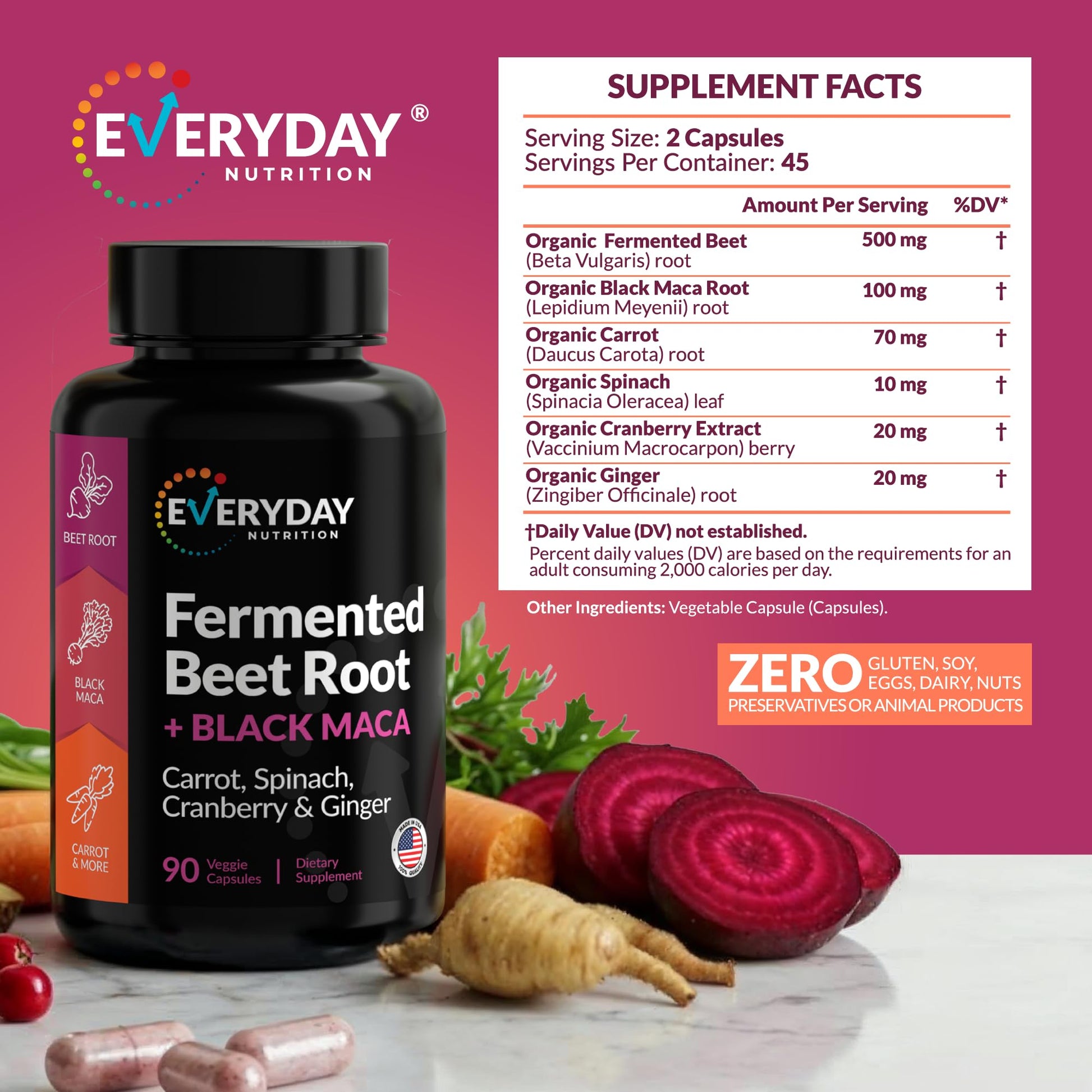 EVERYDAY NUTRITION Organic Fermented Beet Root & Black Maca Capsules with Carrot, Spinach, Cranberry & Ginger | Superfood for Energy, Stamina & Wellness | 90 Veggie Capsules | Made in USA - dailyvitalstore