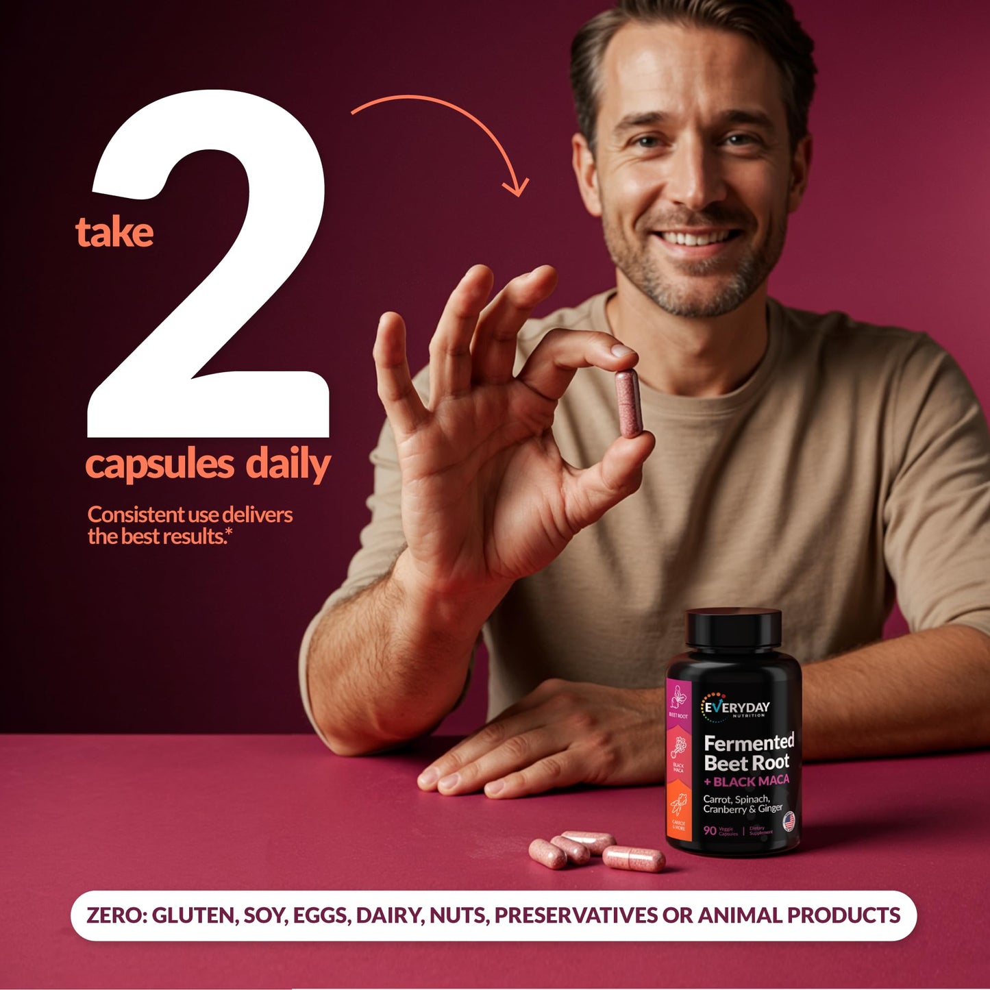 EVERYDAY NUTRITION Organic Fermented Beet Root & Black Maca Capsules with Carrot, Spinach, Cranberry & Ginger | Superfood for Energy, Stamina & Wellness | 90 Veggie Capsules | Made in USA - dailyvitalstore