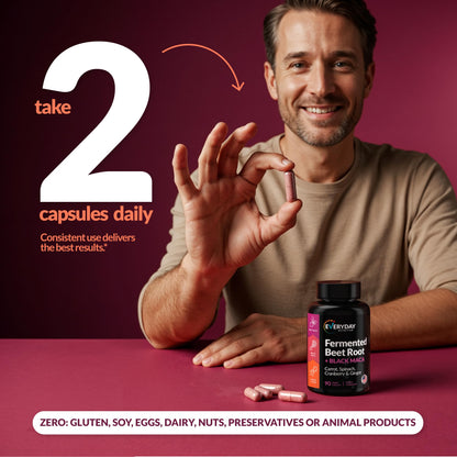 EVERYDAY NUTRITION Organic Fermented Beet Root & Black Maca Capsules with Carrot, Spinach, Cranberry & Ginger | Superfood for Energy, Stamina & Wellness | 90 Veggie Capsules | Made in USA - dailyvitalstore