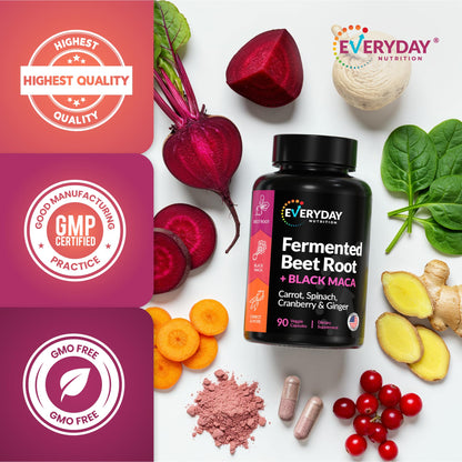EVERYDAY NUTRITION Organic Fermented Beet Root & Black Maca Capsules with Carrot, Spinach, Cranberry & Ginger | Superfood for Energy, Stamina & Wellness | 90 Veggie Capsules | Made in USA - dailyvitalstore