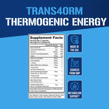 EVL Thermogenic Fat Burner Support - Fast Acting Weight Loss Energy and Appetite Support - Trans4orm Green Tea Supplement - dailyvitalstore