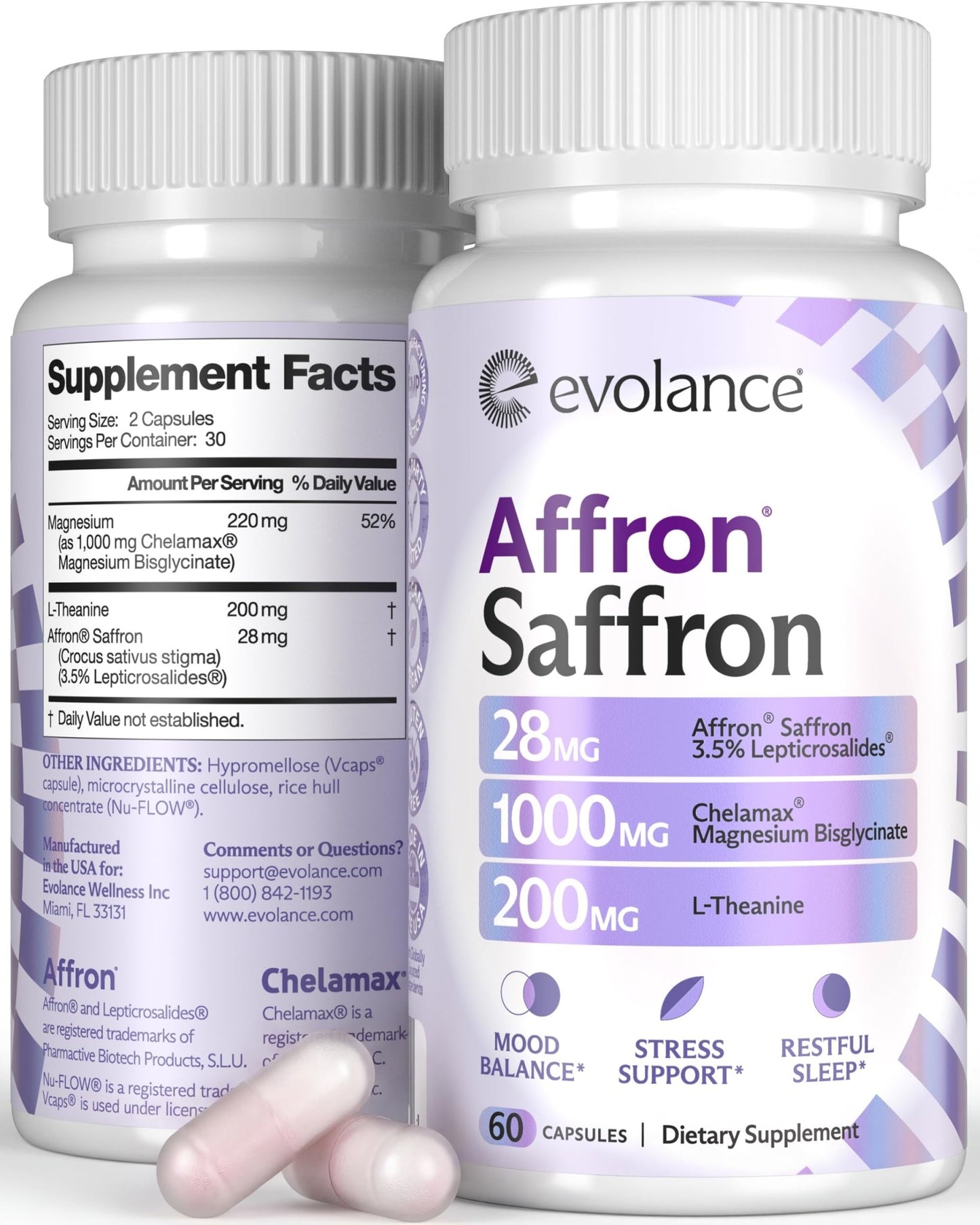 Evolance Saffron Supplements Extract for Stress & Mood Support – Affron 28mg, Magnesium Glycinate 1000mg, L-Theanine 200mg – High Absorption, Sleep & Focus Support, Melatonin-Free, 60 Veggie Capsules - dailyvitalstore