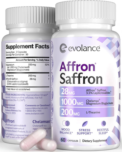 Evolance Saffron Supplements Extract for Stress & Mood Support – Affron 28mg, Magnesium Glycinate 1000mg, L-Theanine 200mg – High Absorption, Sleep & Focus Support, Melatonin-Free, 60 Veggie Capsules - dailyvitalstore