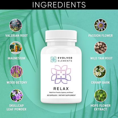 Evolved Elements All-Natural Muscle Relaxer | 60 Capsules | Spasm Relief with Magnesium, Passion Flower, and Valerian Root | Relieves Muscle Spasms, Tension, and Promotes Calmness - dailyvitalstore