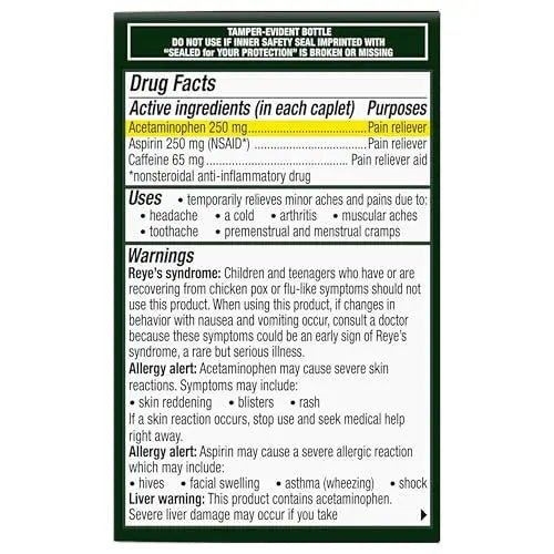 Excedrin Extra Strength Caplets for Headache Pain Relief, Acetaminophen 250mg, Aspirin 250mg, Caffeine 65mg, Pain Reliever, 24 count - dailyvitalstore