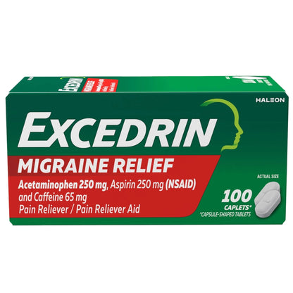 Excedrin Migraine Relief Caplets for Migraine Symptoms, Acetaminophen 250mg, Aspirin 250mg, Caffeine 65mg, Pain Reliever, 100 Count - dailyvitalstore