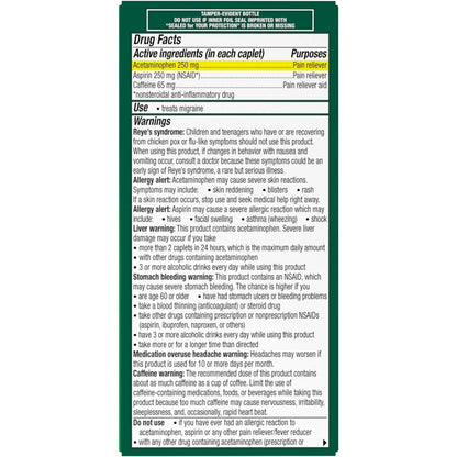 Excedrin Migraine Relief Caplets for Migraine Symptoms, Acetaminophen 250mg, Aspirin 250mg, Caffeine 65mg, Pain Reliever, 100 Count - dailyvitalstore