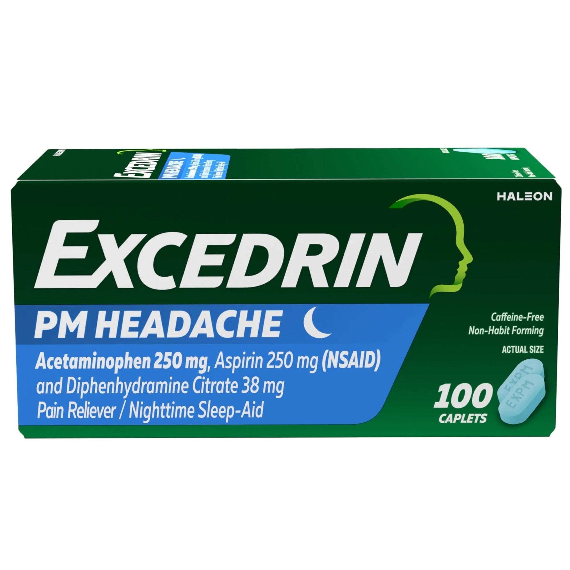 Excedrin PM for Headache Relief, Acetaminophen 250mg, Aspirin 250mg, Diphenhydramine Citrate 38mg, Pain Reliever, Nighttime Sleep-Aid, 100 Count - dailyvitalstore
