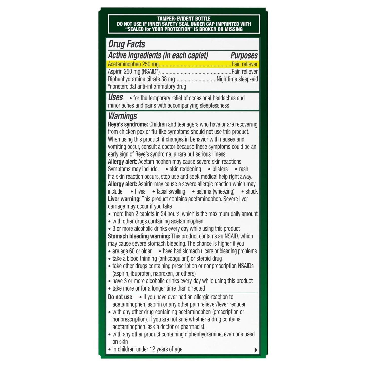 Excedrin PM for Headache Relief, Acetaminophen 250mg, Aspirin 250mg, Diphenhydramine Citrate 38mg, Pain Reliever, Nighttime Sleep-Aid, 100 Count - dailyvitalstore