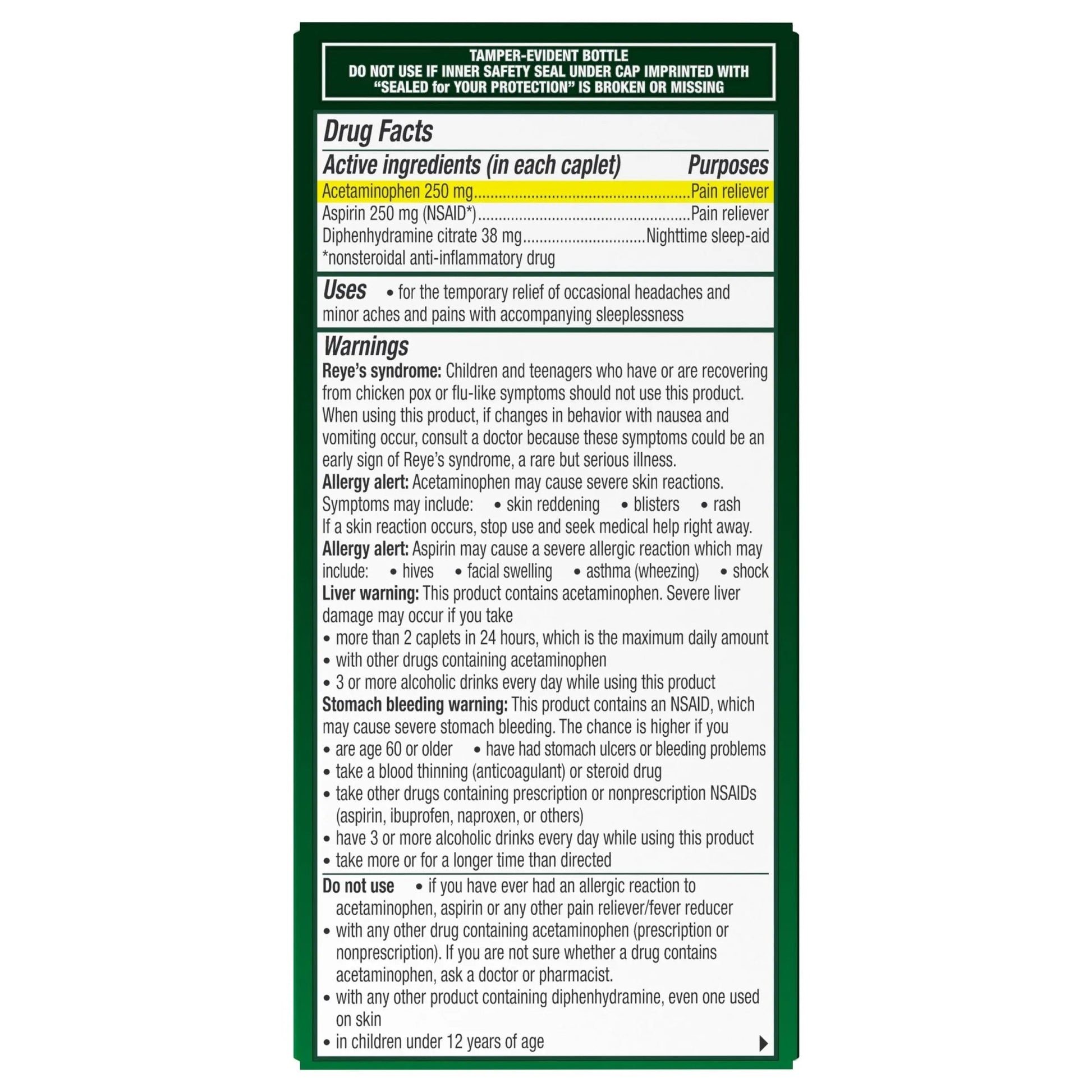 Excedrin PM for Headache Relief, Acetaminophen 250mg, Aspirin 250mg, Diphenhydramine Citrate 38mg, Pain Reliever, Nighttime Sleep-Aid, 100 Count - dailyvitalstore