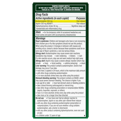 Excedrin PM for Headache Relief, Acetaminophen 250mg, Aspirin 250mg, Diphenhydramine Citrate 38mg, Pain Reliever, Nighttime Sleep-Aid, 100 Count - dailyvitalstore