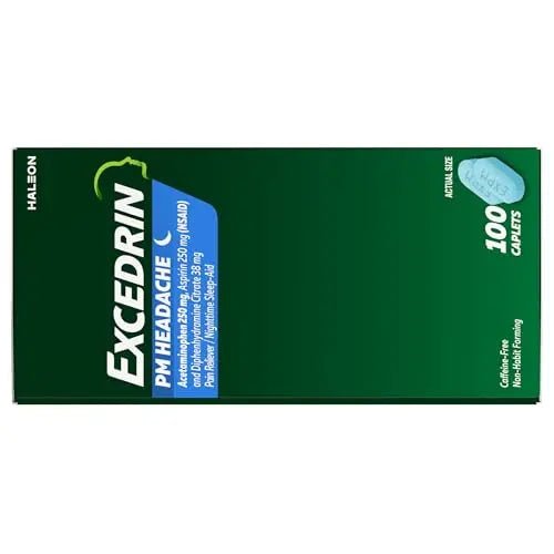 Excedrin PM for Headache Relief, Acetaminophen 250mg, Aspirin 250mg, Diphenhydramine Citrate 38mg, Pain Reliever, Nighttime Sleep-Aid, 100 Count - dailyvitalstore