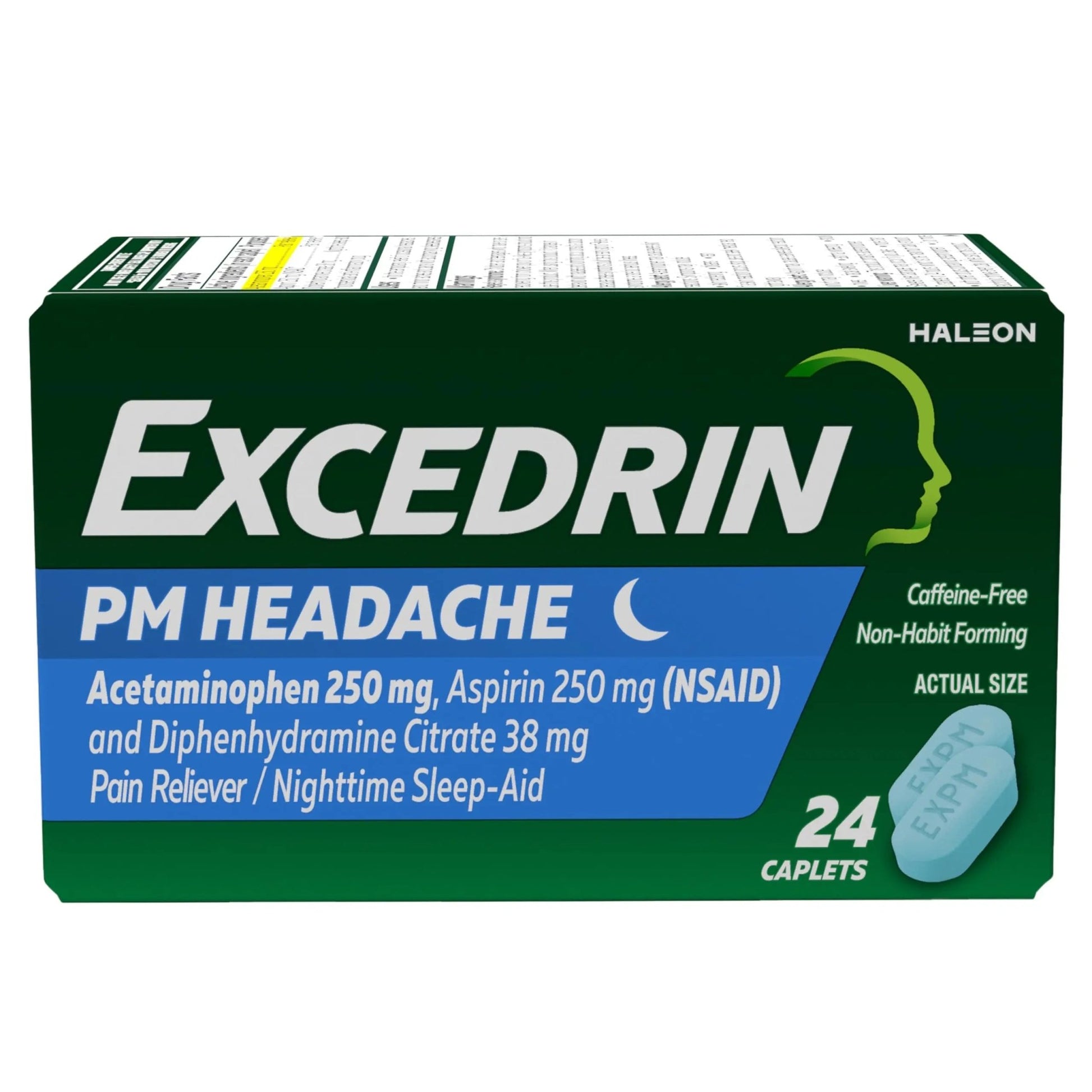 Excedrin PM for Headache Relief, Acetaminophen 250mg, Aspirin 250mg, Diphenhydramine Citrate 38mg, Pain Reliever, Nighttime Sleep-Aid, 24 Count - dailyvitalstore
