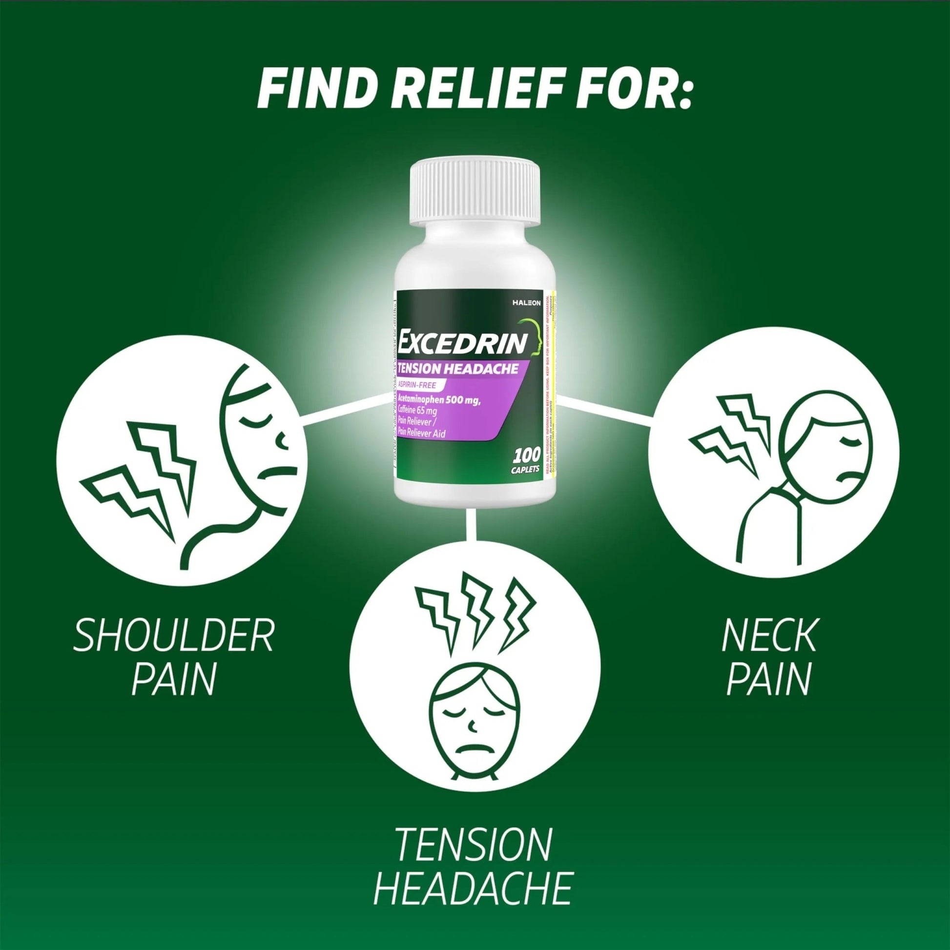 Excedrin Tension Headache Relief Caplets, Acetaminophen 500mg, Caffeine 65mg, Pain Reliever, Aspirin-Free, 100 Count - dailyvitalstore