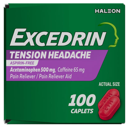 Excedrin Tension Headache Relief Caplets, Acetaminophen 500mg, Caffeine 65mg, Pain Reliever, Aspirin-Free, 100 Count - dailyvitalstore