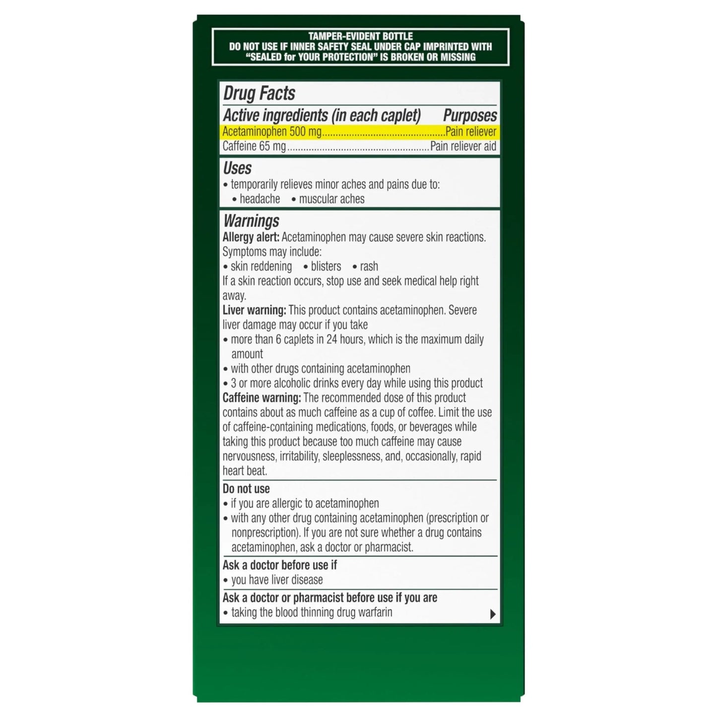 Excedrin Tension Headache Relief Caplets, Acetaminophen 500mg, Caffeine 65mg, Pain Reliever, Aspirin-Free, 100 Count - dailyvitalstore