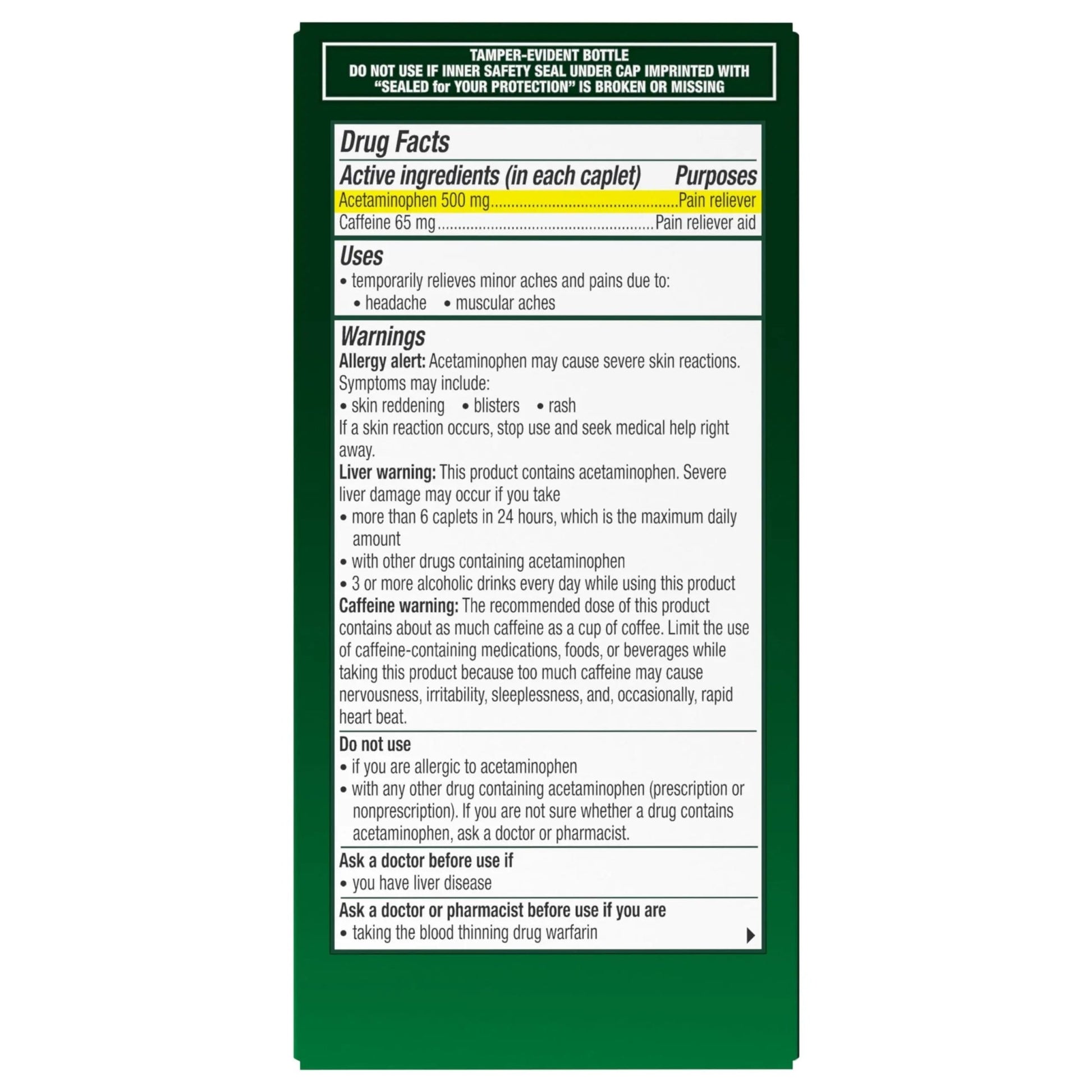Excedrin Tension Headache Relief Caplets, Acetaminophen 500mg, Caffeine 65mg, Pain Reliever, Aspirin-Free, 100 Count - dailyvitalstore