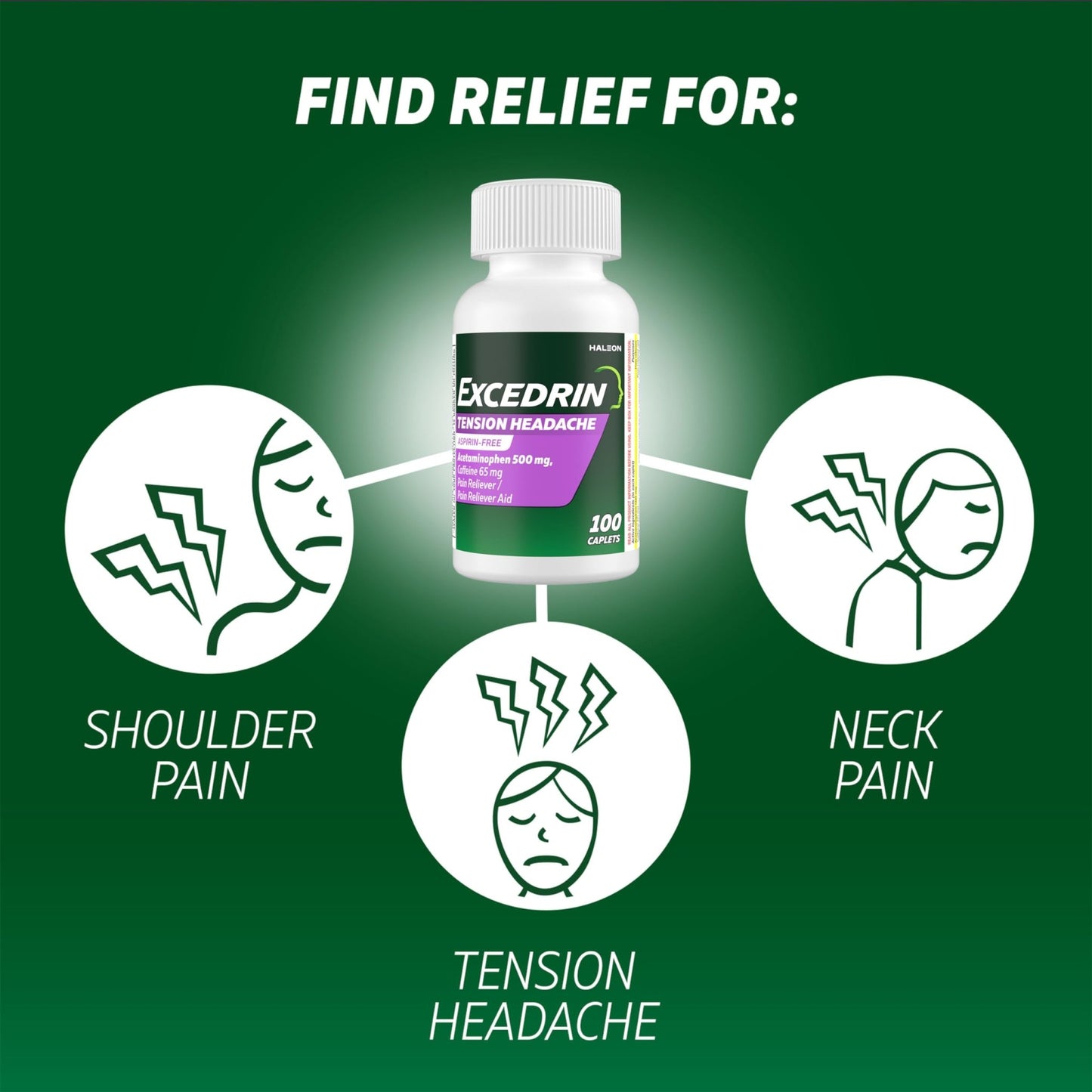 Excedrin Tension Headache Relief Caplets, Acetaminophen 500mg, Caffeine 65mg, Pain Reliever, Aspirin-Free, 100 Count - dailyvitalstore