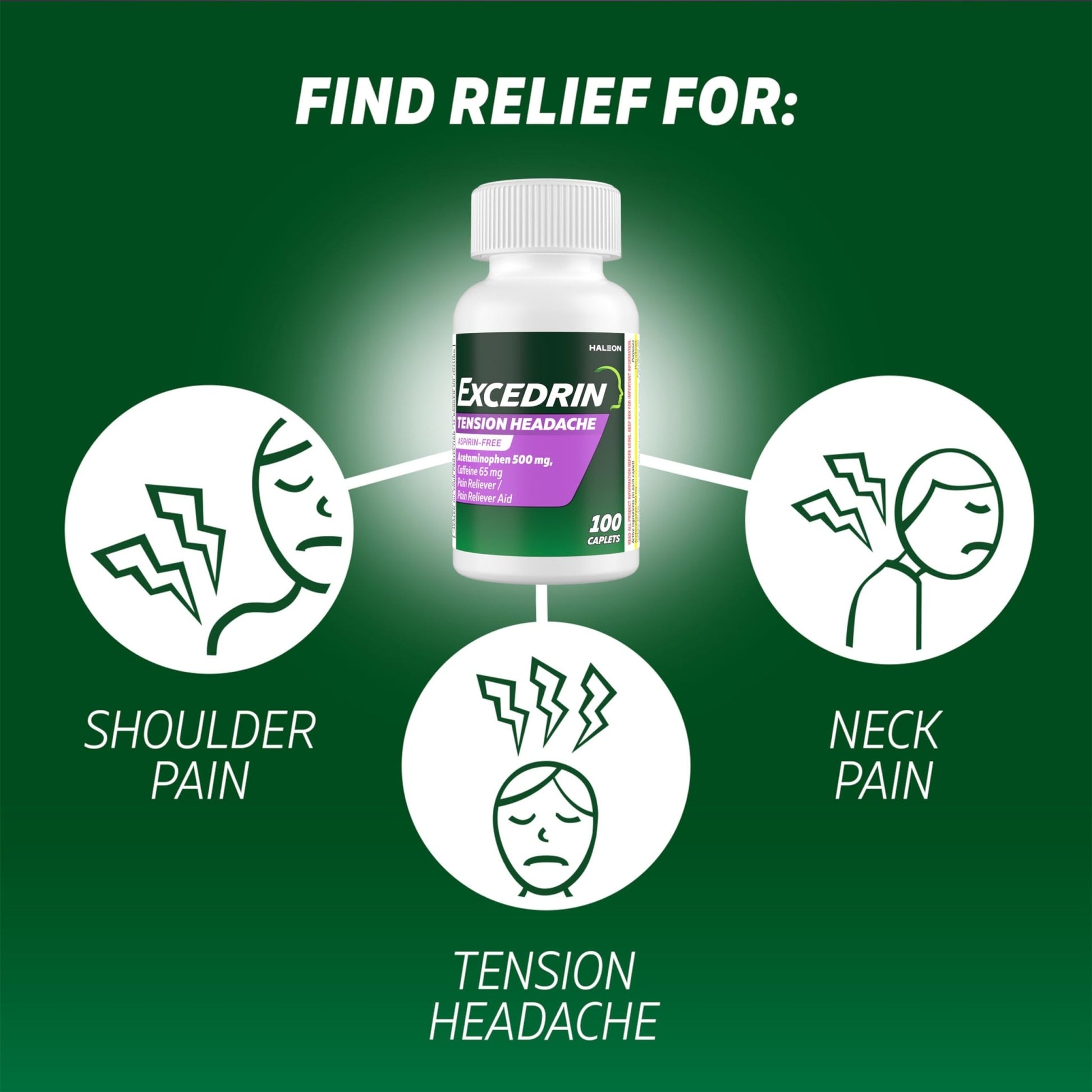 Excedrin Tension Headache Relief Caplets, Acetaminophen 500mg, Caffeine 65mg, Pain Reliever, Aspirin-Free, 100 Count - dailyvitalstore