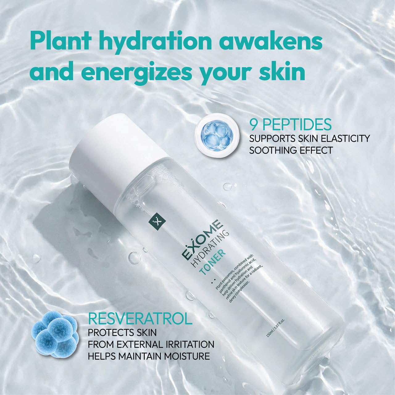 Exome Hydrating Toner, Greenery Aqua Base Starter for Glow Skin, Resveratrol Protective Barrier & 9-Peptide Complex for Elasticity & Wrinkle Care - dailyvitalstore