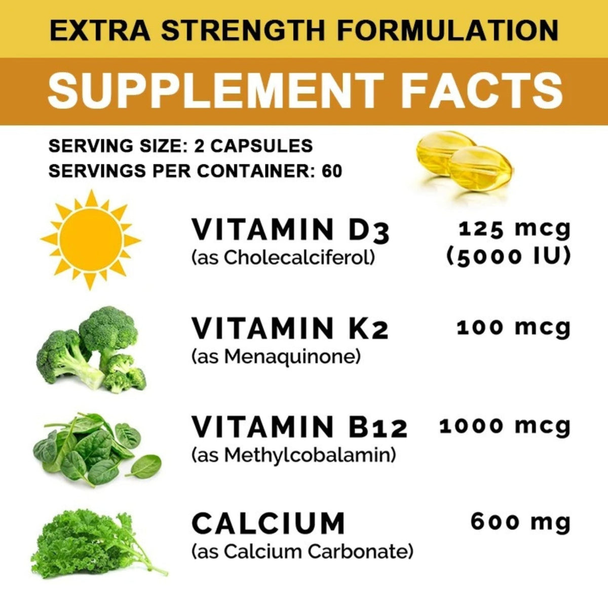 Extra Strength 4-in-1 Calcium 600mg + Vitamin D3 5000iu + K2 + B12 Natural Supplement Complex for Bone and Immune Health, 2 Month Supply, 120 Softgels - dailyvitalstore