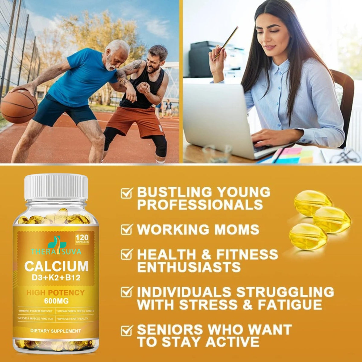 Extra Strength 4-in-1 Calcium 600mg + Vitamin D3 5000iu + K2 + B12 Natural Supplement Complex for Bone and Immune Health, 2 Month Supply, 120 Softgels - dailyvitalstore