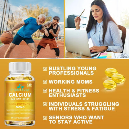 Extra Strength 4-in-1 Calcium 600mg + Vitamin D3 5000iu + K2 + B12 Natural Supplement Complex for Bone and Immune Health, 2 Month Supply, 120 Softgels - dailyvitalstore