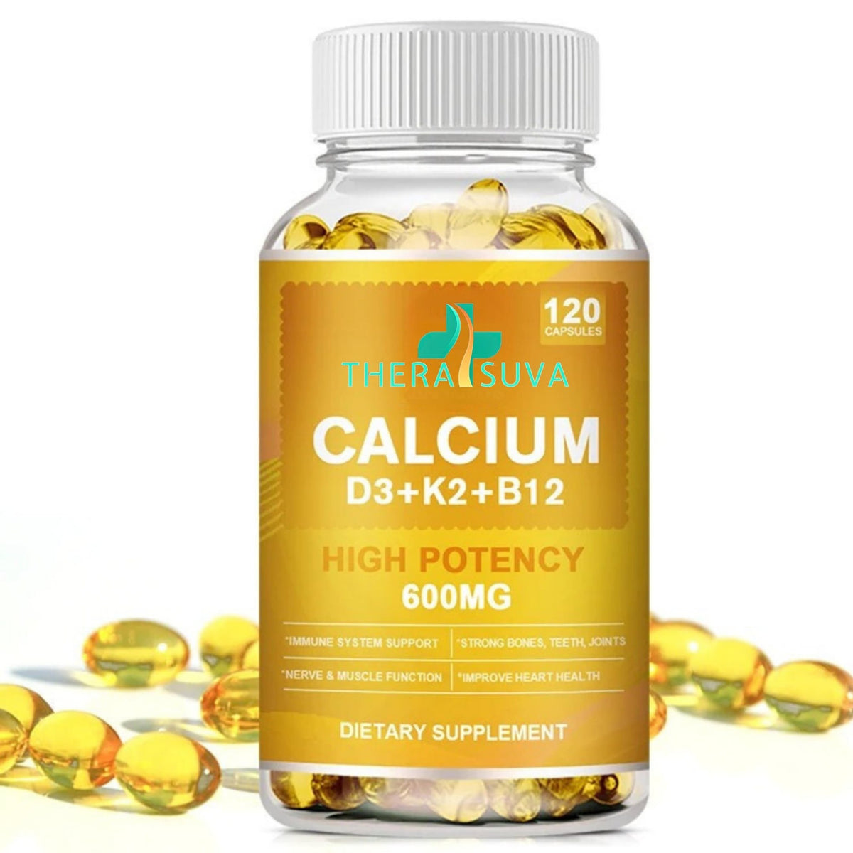 Extra Strength 4-in-1 Calcium 600mg + Vitamin D3 5000iu + K2 + B12 Natural Supplement Complex for Bone and Immune Health, 2 Month Supply, 120 Softgels - dailyvitalstore