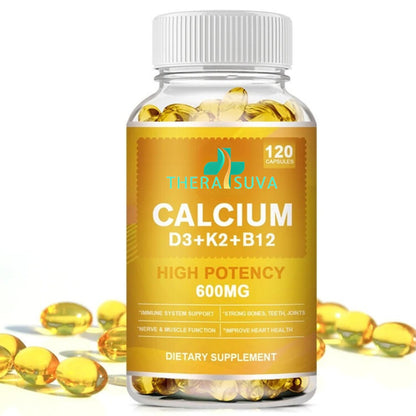Extra Strength 4-in-1 Calcium 600mg + Vitamin D3 5000iu + K2 + B12 Natural Supplement Complex for Bone and Immune Health, 2 Month Supply, 120 Softgels - dailyvitalstore