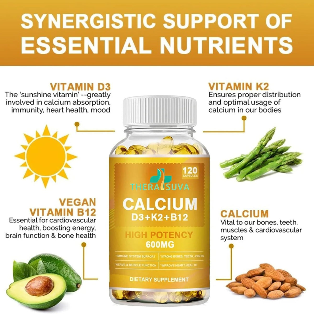 Extra Strength 4-in-1 Calcium 600mg + Vitamin D3 5000iu + K2 + B12 Natural Supplement Complex for Bone and Immune Health, 2 Month Supply, 120 Softgels - dailyvitalstore
