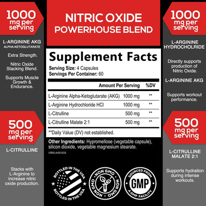 Extra Strength Nitric Oxide Booster - 3X Strength L-Arginine AKG & Citrulline Malate - Men & Women Premium Pre Workout Nitric Booster - Natural Energy & Muscle Support - dailyvitalstore