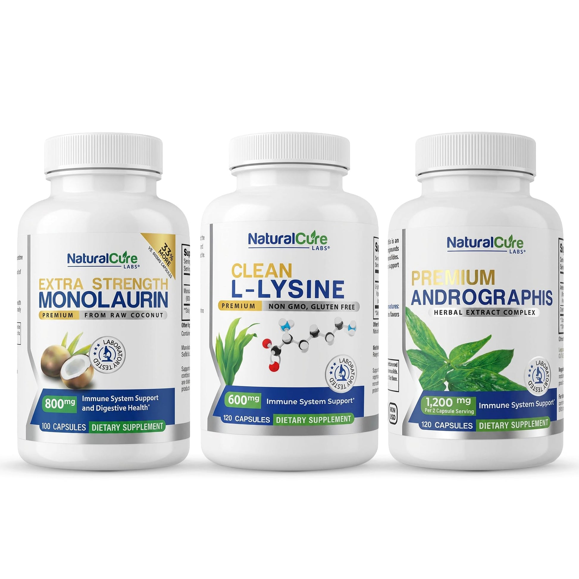 Extra Strength Stack: Monolaurin 800mg + Clean L-Lysine 600mg + Andrographis, Advanced Immune Support Routine Bundle - dailyvitalstore