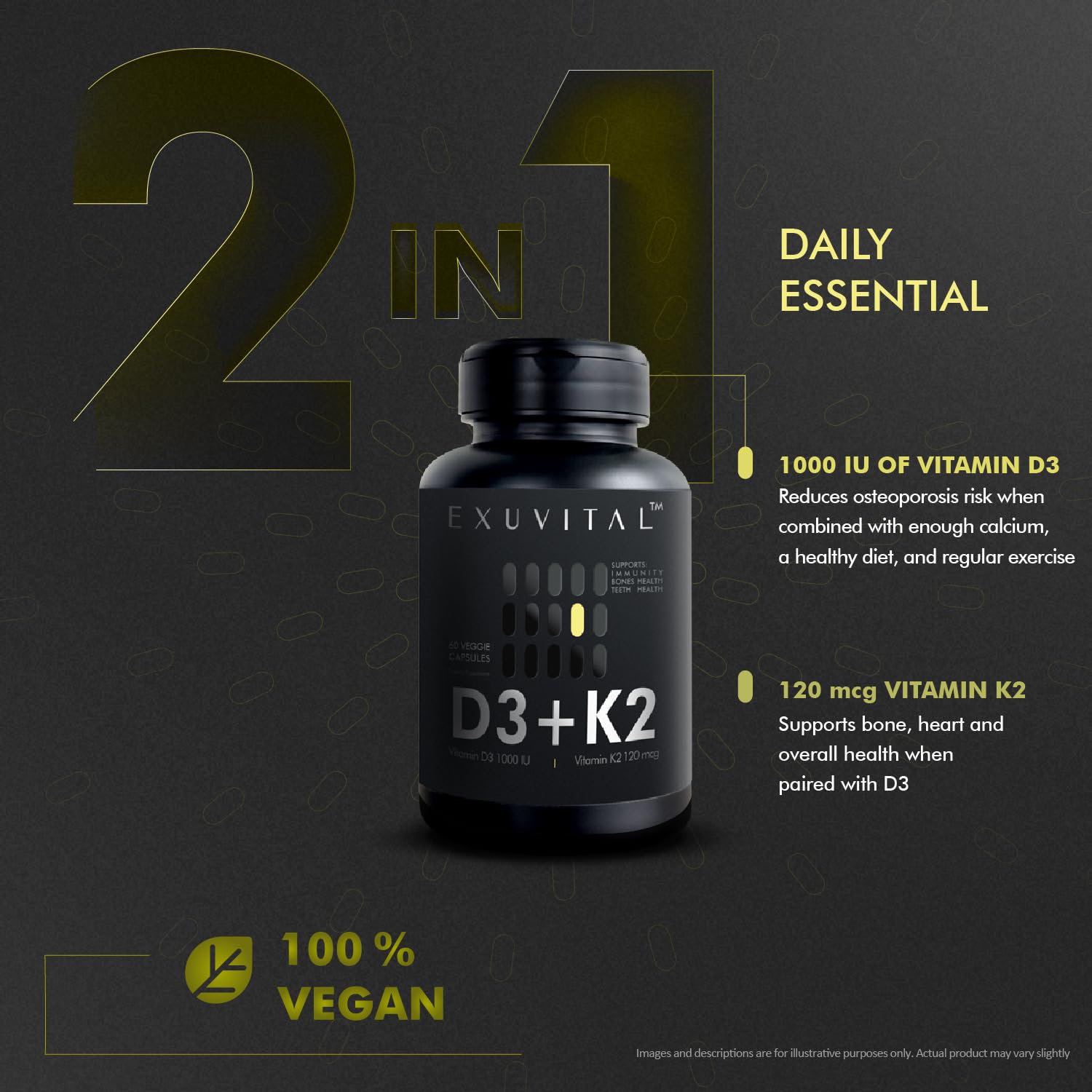 EXUVITAL D3 & K2 Vitamin Supplement, Vegan D3 1000 IU & K2 MK7 120 mcg for Bone, Heart & Immune Support, Non-GMO, Gluten-Free, 60 Vegan Capsules, 2 Months Supply - dailyvitalstore
