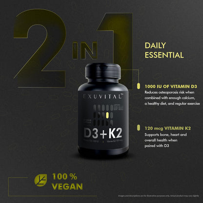 EXUVITAL D3 & K2 Vitamin Supplement, Vegan D3 1000 IU & K2 MK7 120 mcg for Bone, Heart & Immune Support, Non-GMO, Gluten-Free, 60 Vegan Capsules, 2 Months Supply - dailyvitalstore