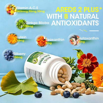 Eye + Brain Supplements for Memory and Focus, Lutein 40mg, Zeaxanthin, Astaxanthin, Bilberry, Lion’s Mane, Bacopa Monnieri, Ginkgo Biloba, 14 in 1 Eye Vitamins for Adults & Seniors 120 Capsules - dailyvitalstore