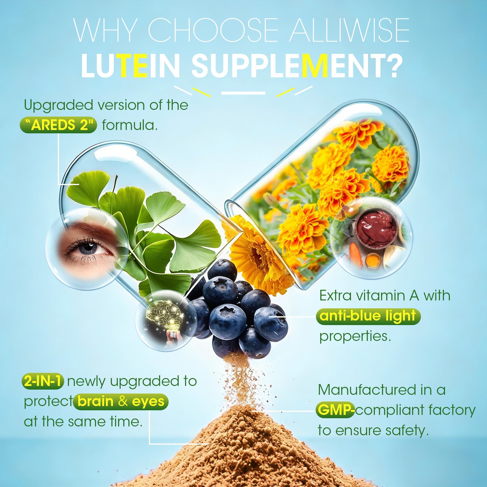 Eye + Brain Supplements for Memory and Focus, Lutein 40mg, Zeaxanthin, Astaxanthin, Bilberry, Lion’s Mane, Bacopa Monnieri, Ginkgo Biloba, 14 in 1 Eye Vitamins for Adults & Seniors 120 Capsules - dailyvitalstore