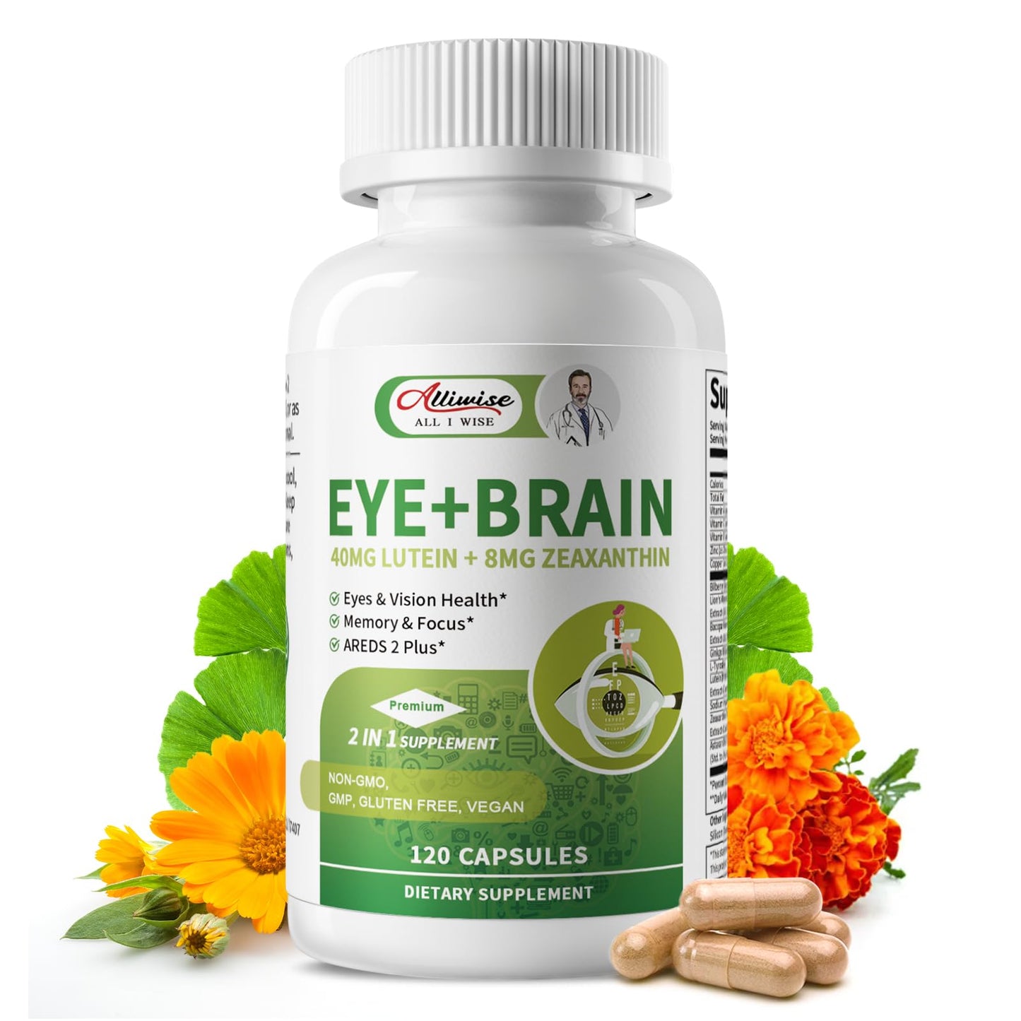 Eye + Brain Supplements for Memory and Focus, Lutein 40mg, Zeaxanthin, Astaxanthin, Bilberry, Lion’s Mane, Bacopa Monnieri, Ginkgo Biloba, 14 in 1 Eye Vitamins for Adults & Seniors 120 Capsules - dailyvitalstore
