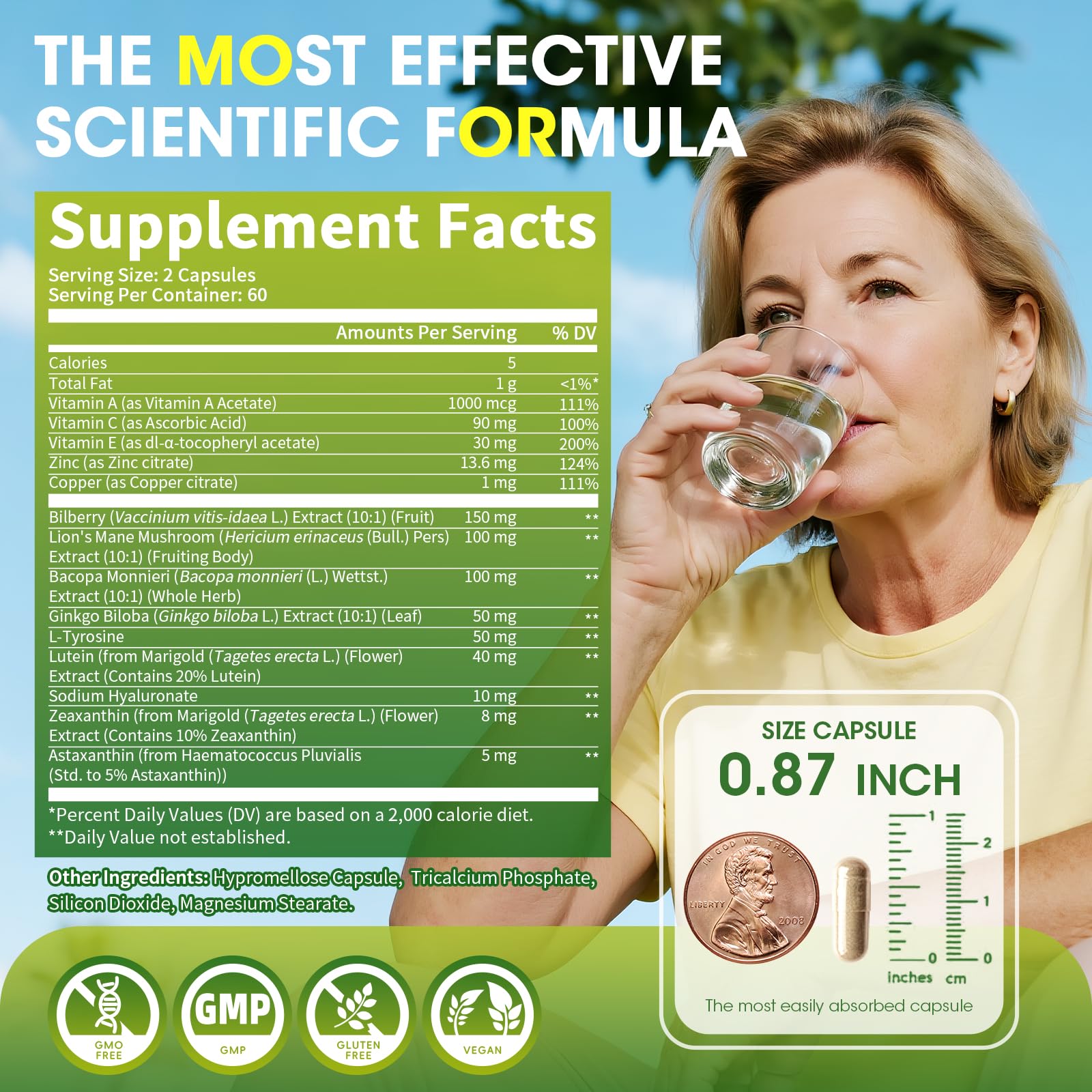 Eye + Brain Supplements for Memory and Focus, Lutein 40mg, Zeaxanthin, Astaxanthin, Bilberry, Lion’s Mane, Bacopa Monnieri, Ginkgo Biloba, 14 in 1 Eye Vitamins for Adults & Seniors 120 Capsules - dailyvitalstore