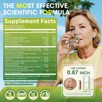 Eye + Brain Supplements for Memory and Focus, Lutein 40mg, Zeaxanthin, Astaxanthin, Bilberry, Lion’s Mane, Bacopa Monnieri, Ginkgo Biloba, 14 in 1 Eye Vitamins for Adults & Seniors 120 Capsules - dailyvitalstore