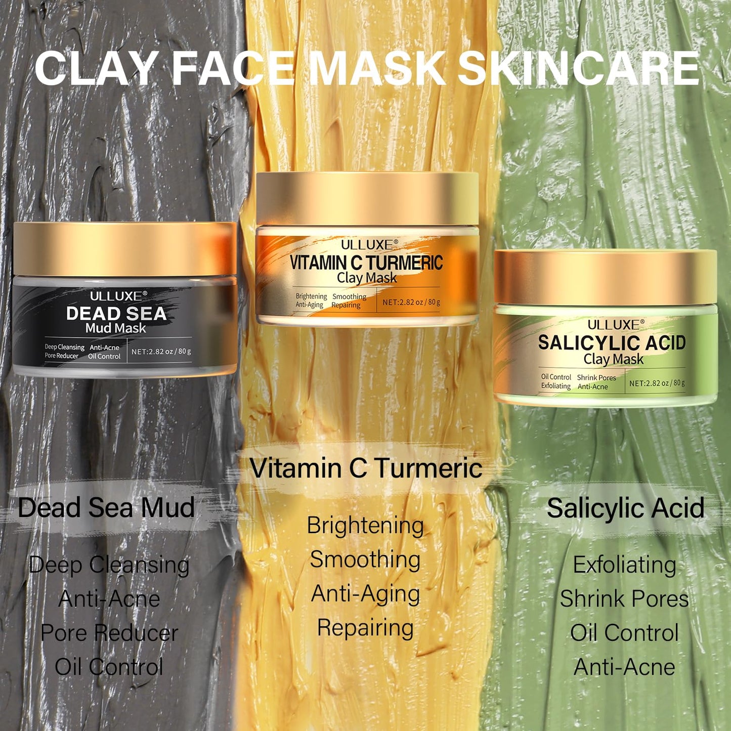 Facial Clay Mask Set - Vitamin C Turmeric Face Mask, Dead Sea Mud & Salicylic Acid (BHA) Mask for Pore Cleansing, Brightening, Blackheads & Dark Spots, Face Masks Skincare - dailyvitalstore